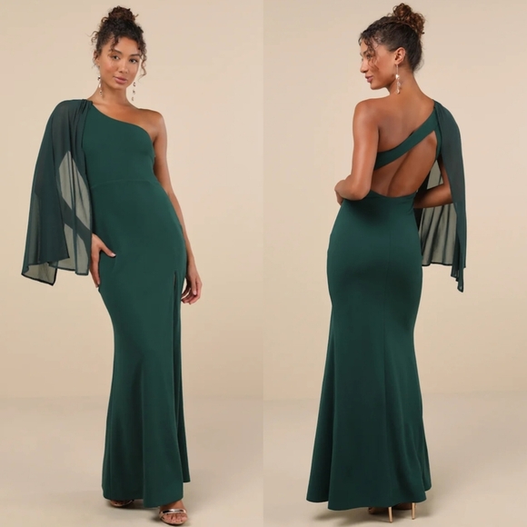 Lulus Majestic Attitude Emerald Cape Sleeve One-Shoulder Maxi Dress XS Wedding - Picture 1 of 10